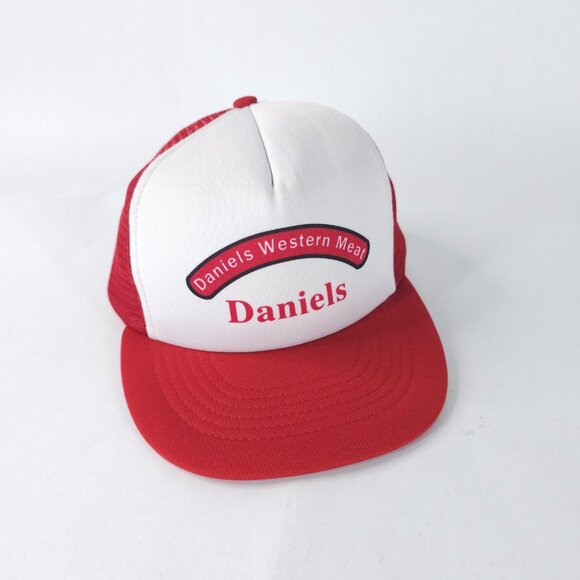 Vintage Daniels Western Meat Hat Cap Snap Back Red White Mesh Trucker Promo 80s - Picture 1 of 8